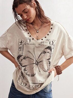 Butterfly tee graphic Casual Cream Butterfly V-Neck Top with Eyelet Detail